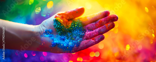 Colorful Hand Symbolizing LGBT Pride Against Rainbow Dust Background
 photo