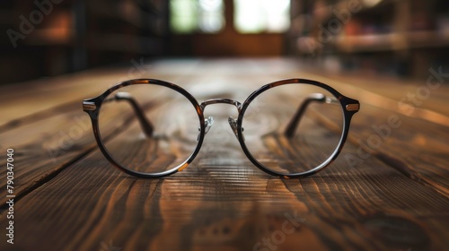 A pair of a close up shot of glasses on top of wood, AI © starush