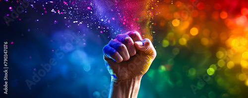 Expressive LGBT Pride Symbol: Painted Fist with Rainbow Smoke
