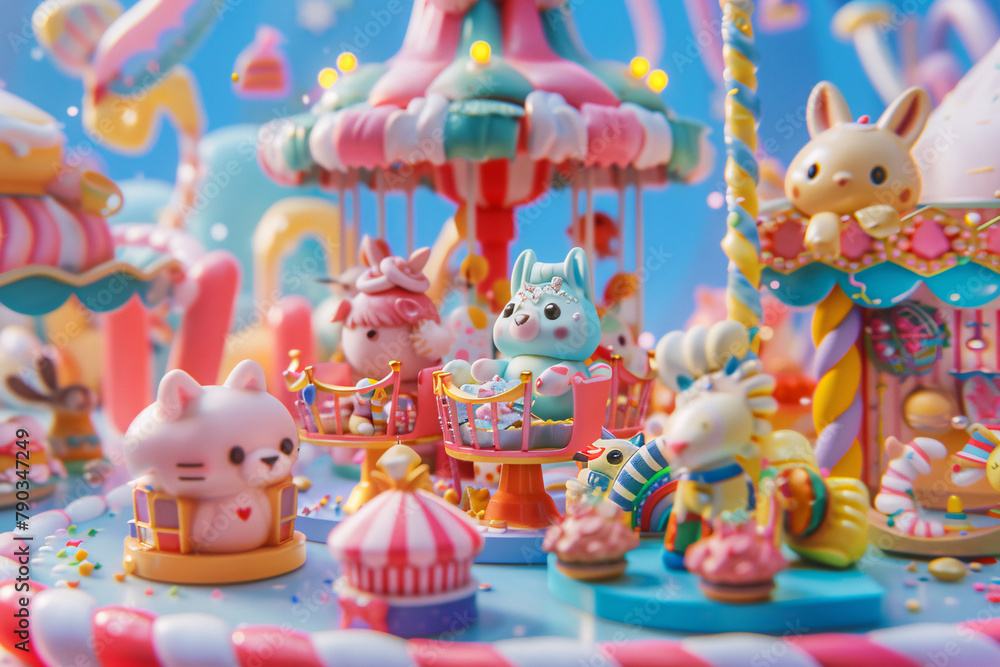 adorable Popmart-themed carnival populated by friendly animals riding on whimsical rides and enjoying