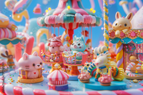 adorable Popmart-themed carnival populated by friendly animals riding on whimsical rides and enjoying