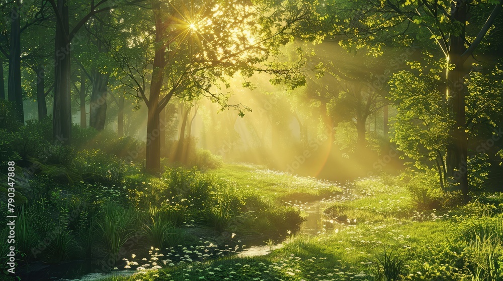 A serene forest clearing bathed in the golden light of dawn, with dew-kissed foliage and a tranquil stream meandering through the verdant landscape.