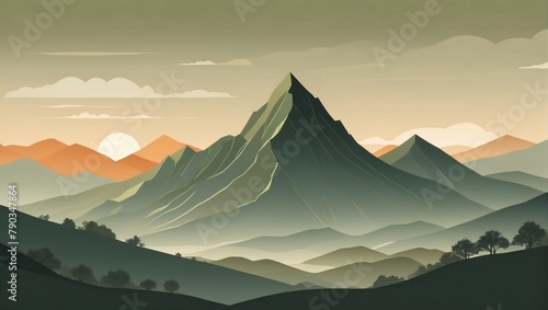 Abstract minimalistic background with mountains and hills at sunset or sunrise in olive and khaki tones. #790347864