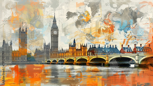 Big Ben and London cityscape double exposure contemporary style minimalist artwork collage illustration