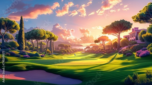 A serene painting capturing the beauty of a golf course at sunset, with vibrant colors blending into the horizon as golfers take their final swings of the day under the golden sky. photo