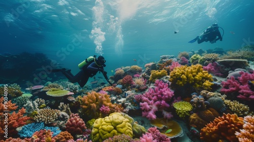 Underwater exploration: A team of divers explores a colorful coral reef, documenting the rich biodiversity of the underwater world. photo