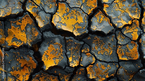 A close up of the surface of a dry lakebed with cracked earth and yellow mineral deposits. photo