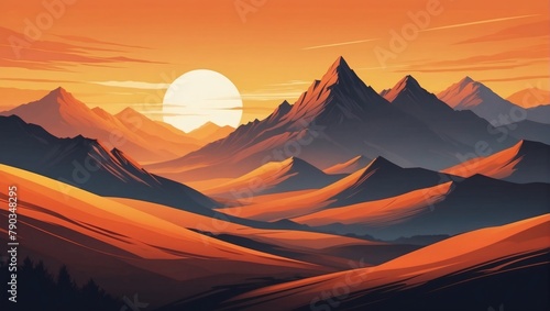 Abstract minimalistic background with mountains and hills at sunset or sunrise in orange and yellow tones. #790348295