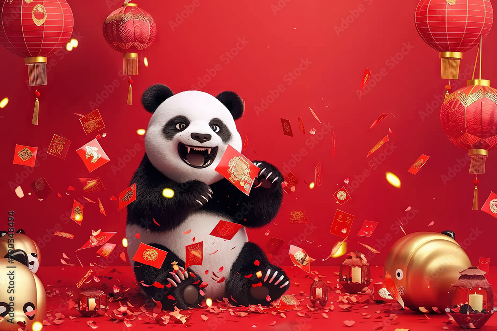 Adorable panda cubs celebrate with red envelopes and lanterns, capturing the festive spirit of Chinese New Year. Generative ai. Adorable panda cubs celebrate with red envelopes and lanterns, capturing the festive spirit of Chinese New Year. Generative ai.