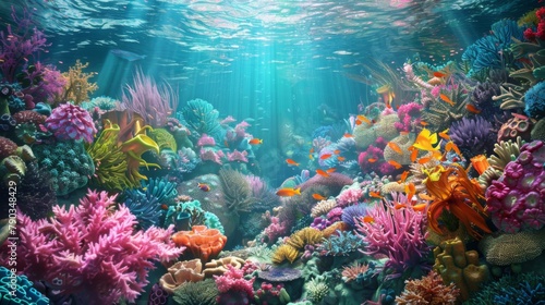 Underwater wonder: Colorful coral reefs teem with life beneath the surface of the ocean, creating a mesmerizing underwater landscape. photo