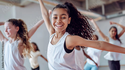 Pre-teens mastering intricate choreography in a contemporary dance rehearsal. Beauty, health, professionalism, team