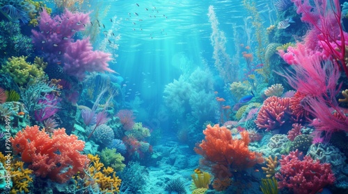 Underwater wonder: Colorful coral reefs teem with life beneath the surface of the ocean, creating a mesmerizing underwater landscape. photo