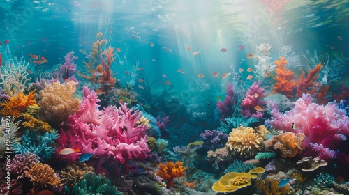 Underwater wonder  Colorful coral reefs teem with life beneath the surface of the ocean  creating a mesmerizing underwater landscape.