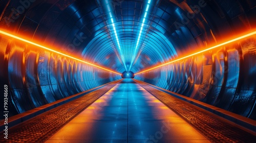 A tunnel with bright lights and a blue light at the end, AI