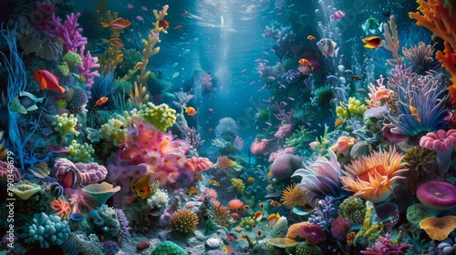 Underwater wonderland  A vibrant underwater garden of coral and sea anemones provides a colorful backdrop for a diverse array of marine life.