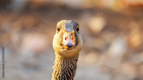 A curious duck looking at camera