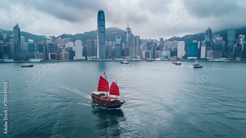 Victoria Harbor, Hong Kong - June 02, 2019 : Traditional chinese junk boat passing the Victoria Harbor.