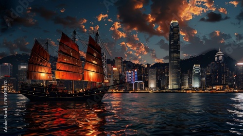 Victoria Harbour Hong Kong night view with junk ship on foreground photo
