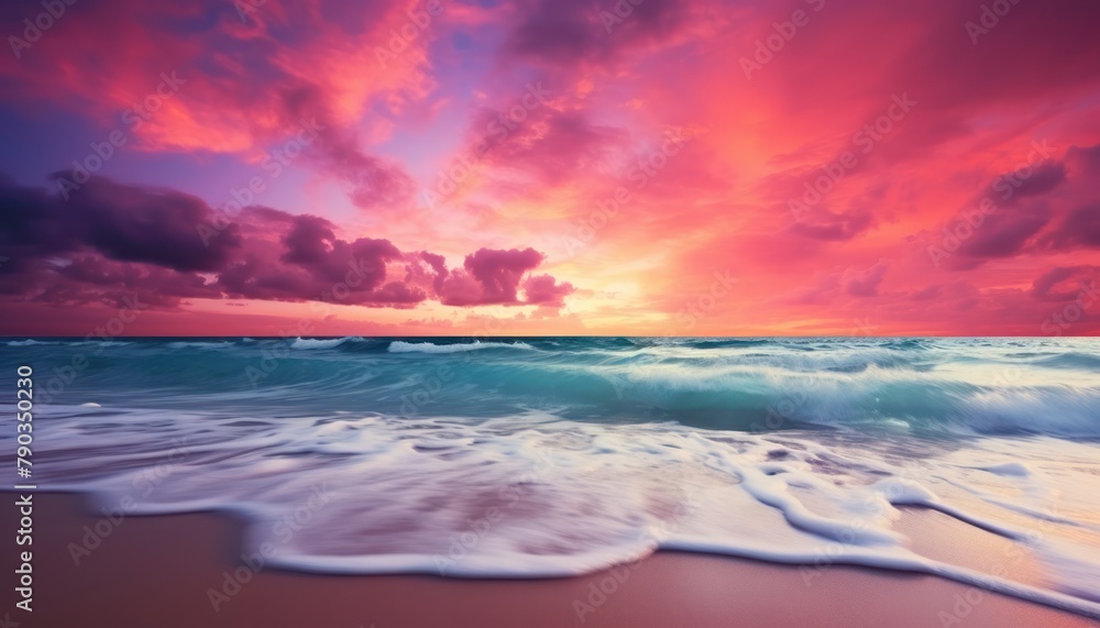 Obraz premium View of the beach waves is truly amazing and creates wisps of white foam on the shoreline, with stunning vibrant reflections of sunlight