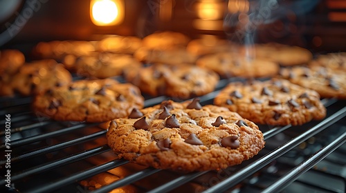 Experience the magic of baking captured in stunning detail, as you witness a tray of cookies emerging from the oven, their edges golden and crisp, photo