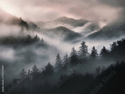 Montañas cubiertas de niebla, paisaje místico photo
