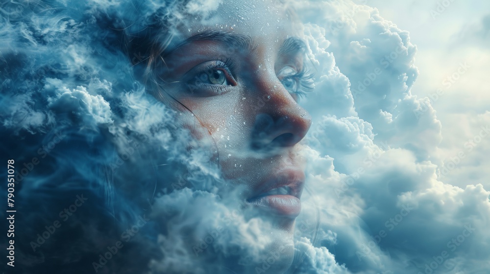 A woman with a cloud of hair and eyes in the sky, AI A woman with a cloud of hair and eyes in the sky, AI
