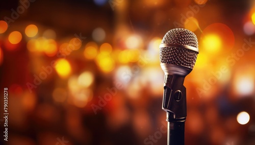 Microphone on stage background with bokeh defocused lights.