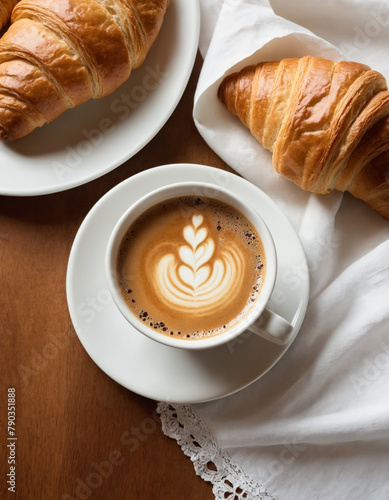 Morning breakfast with fresh aromatic coffee and croissant. Wooden table with white linen cloth in the background for banner poster or presentation with space for text.