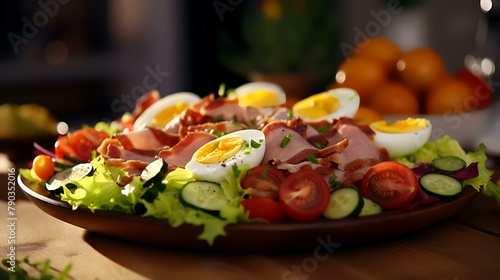 Healthy salad with chicken, eggs, and vegetables on a wooden table, closeup