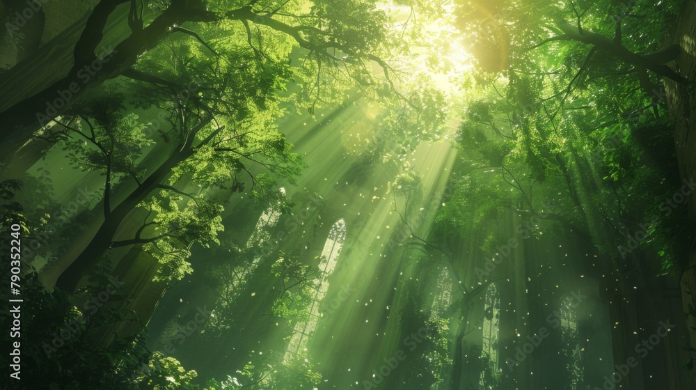 Canopy cathedral: Sunlight filters through the dense foliage of a towering forest canopy, illuminating a cathedral of greenery.