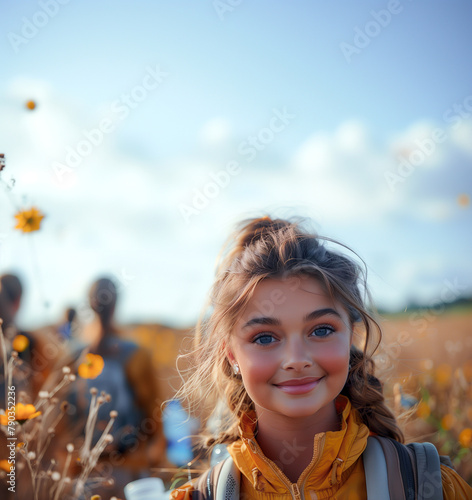 A girl with blonde hair and blue eyes is smiling in a field of yellow flowers. She is wearing a yellow jacket and has a backpack on her back