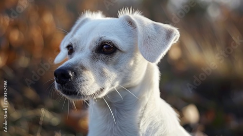 A curious white dog gazes at the camera