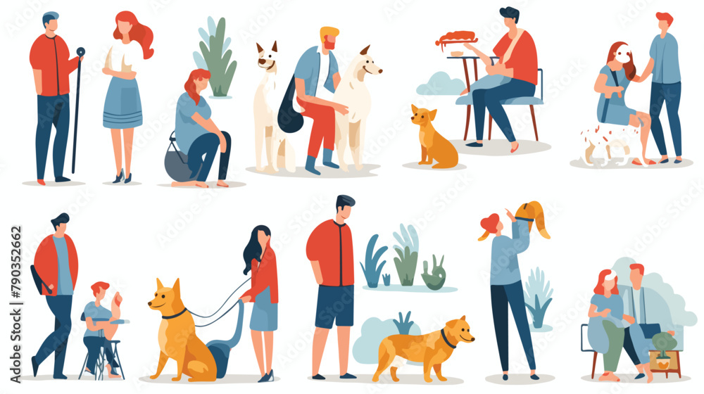 Bundle of scenes with pet owners. Collection of cut