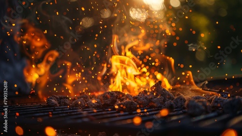 Flames light up grill, smoke billows