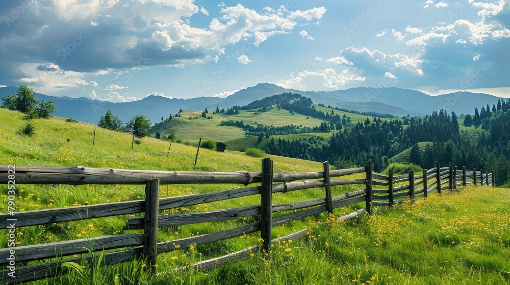 wooden fence on the meadow. mountainous rural landscape of transcarpathia, ukraine in summer.