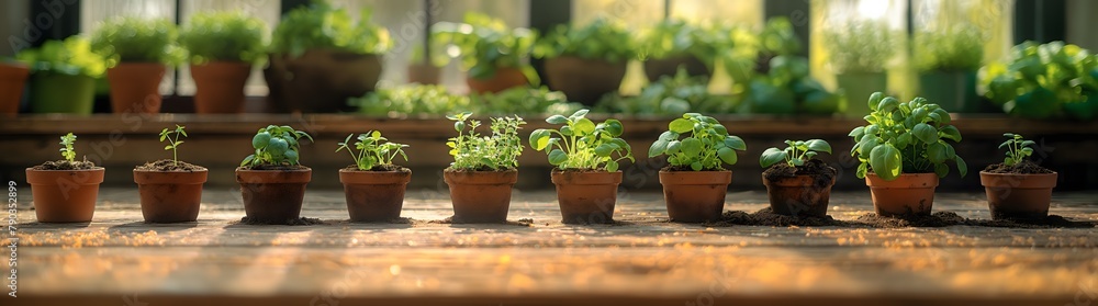 Eine Reihe von Gartengeräten und Setzlingen auf einem alten Holztisch, mit Töpfen gefüllt mit Erde zum Pflanzen von Samen, Gartenarbeit, Konzept Home Gardening, Heimgarten