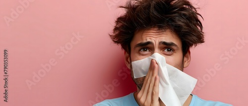 unglücklicher europäischer Mann mit laufender Nase, hält Nasentropfen und Taschentuch in der Hand, leidet an allergischer Rhinitis, hat tränende rote Augen, krank, Konzept Heuschnupfen