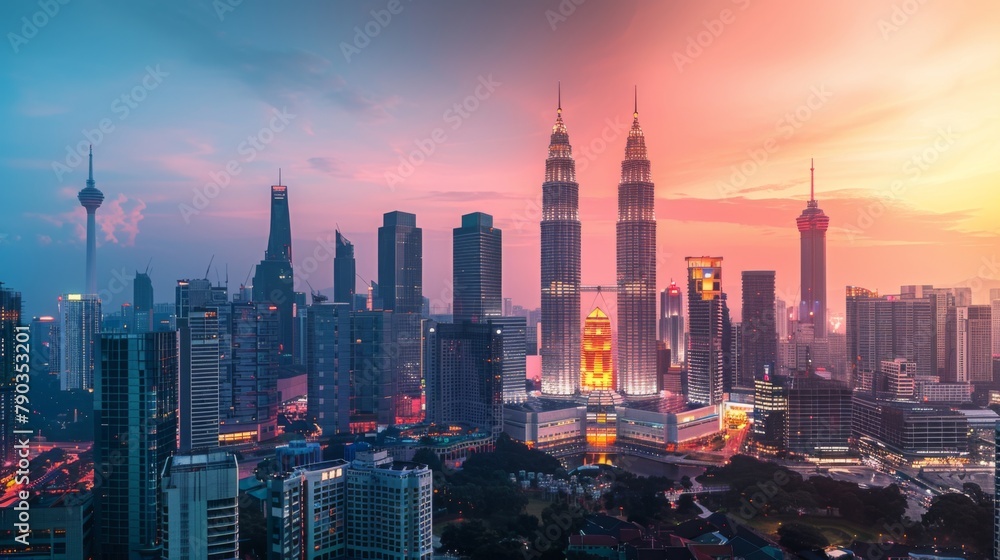 Cityscape of Kuala Lumpur Panorama at twilight. Panoramic image of skyscraper at Kuala Lumpur, Malaysia skyline at sunset.