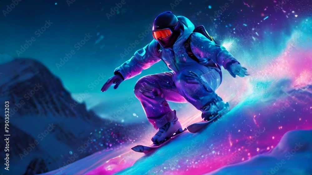 A snowboarder in blue and purple shades descends a snowy slope A snowboarder in blue and purple shades descends a snowy slope