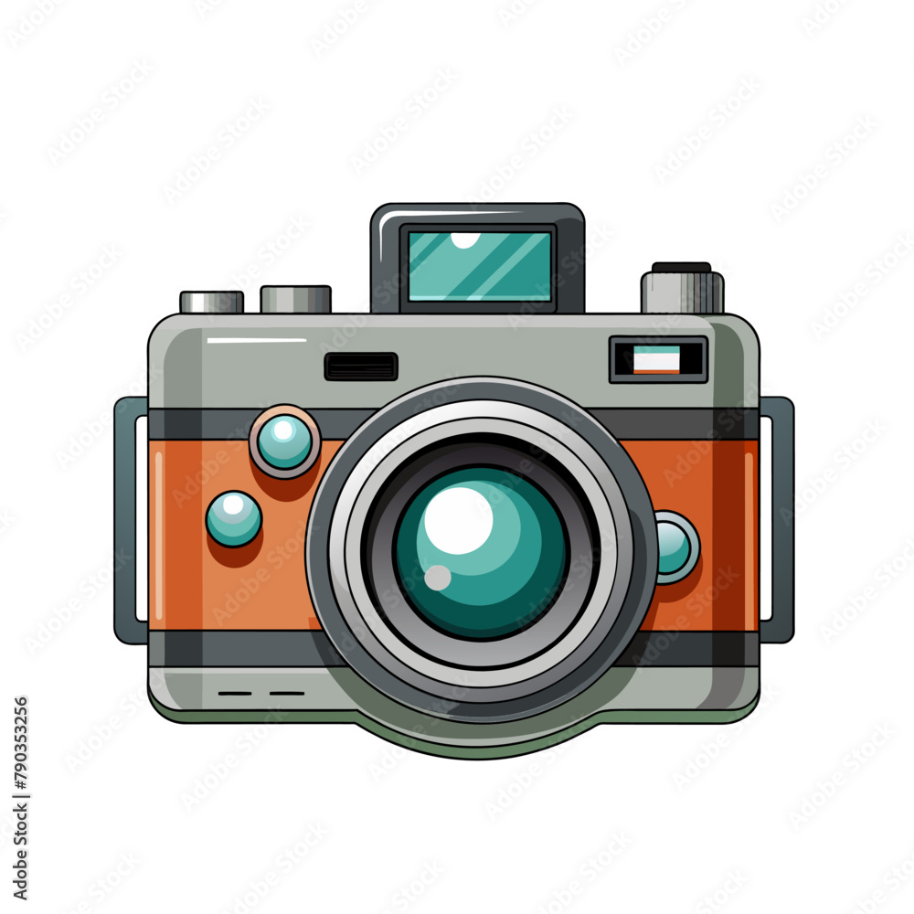 Cute film retro photo camera. Modern digital device with lens in vintage style Cute film retro photo camera. Modern digital device with lens in vintage style