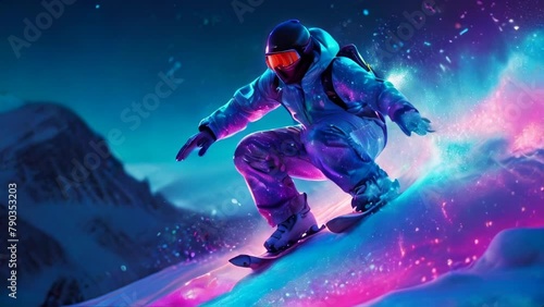 A snowboarder in blue and purple shades descends a snowy slope photo