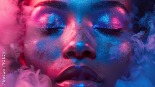 A woman with blue and pink makeup is surrounded by smoke  AI