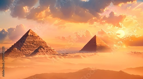 Landscape with ancient Egyptian pyramids, beautiful sky and sunset. The concept of ancient history.