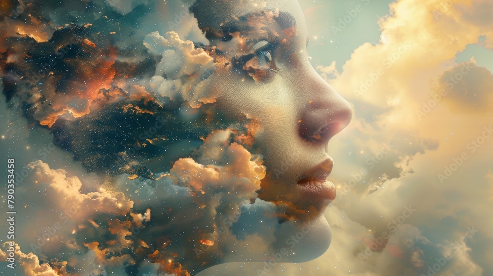 A woman's face is shown in a cloud filled sky, AI