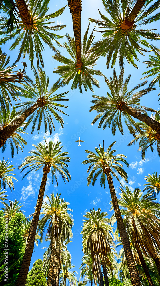 Fototapeta premium Group of palm trees with plane in the sky in the background.