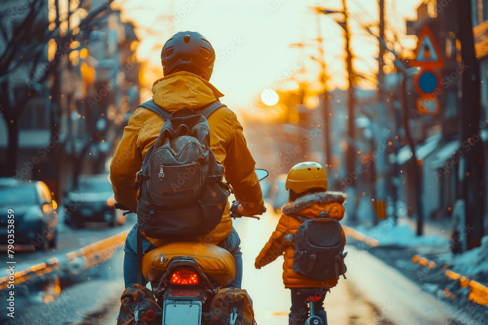 Man riding motorcycle with child on the back of it in the snow.