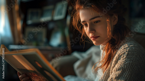 Reflective young woman reading a book. An evocative image for storytelling, solitude, and educational themes.