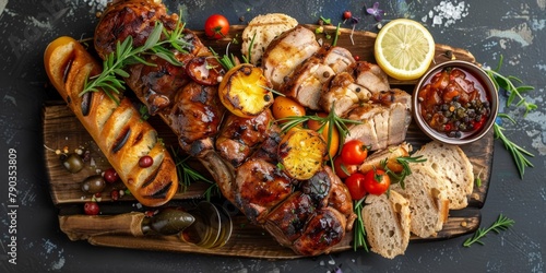 Gastronomic Symphony: A Platter of Succulent Meat, Freshly Baked Bread, and Vibrant Vegetables