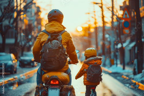 Man riding motorcycle with child on the back of it in the snow. © Констянтин Батыльчук