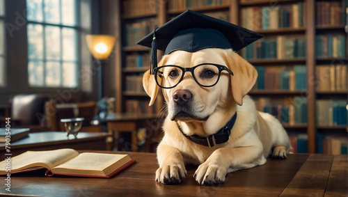 Cute dog wearing a bachelor's cap in the library university